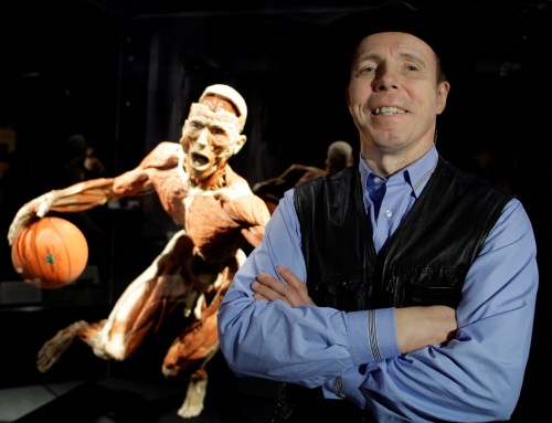 FILE - Doctor Gunther von Hagens, anatomist, inventor of and creator of Body Worlds The Original Exhibitions of Real Human Bodies known as Germany's 'Dr Death' , is seen in front of one of his works in Istanbul, Turkey, Friday, June 11, 2010. (AP Photo/Ibrahim Usta, file)