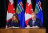 Prime Minister Mark Carney, right, participates in a signing ceremony with Alberta Premier Danielle Smith in Calgary, Alta., Friday, May 15, 2026.THE CANADIAN PRESS/Jeff McIntosh