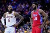 Los Angeles Lakers' LeBron James and Philadelphia 76ers' Joel Embiid play during an NBA basketball game, Friday, Dec. 9, 2022, in Philadelphia. (AP Photo/Matt Slocum, File)