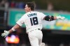 Miami Marlins' Griffin Conine (18) reacts after hitting a walk off single to score Heriberto Hernández and defeat the Philadelphia Phillies in the the ninth inning of a baseball game, Monday, July 27, 2026, in Miami. (AP Photo/Lynne Sladky)