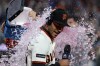 San Francisco Giants' Grant McCray is doused by teammates after their team's victory over the Milwaukee Brewers during a baseball game in San Francisco, Monday, July 27, 2026. (AP Photo/Jed Jacobsohn)