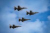 FILE - F16 fighter jets of the Romanian Air Force and the Romania based European F-16 Training Center (EFTC), perform a fly-by at the Black Sea, Defense, Aerospace and Security (BSDA) international exhibition in Bucharest, Romania, Wednesday, May 22, 2024. (AP Photo/Vadim Ghirda, File)