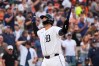 Detroit Tigers' Eduardo Valencia celebrates his home run against the Baltimore Orioles during the first inning of a baseball game Tuesday, July 28, 2026, in Detroit. (AP Photo/Paul Sancya)