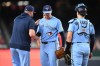 Toronto Blue Jays starting pitcher Shane Bieber, centre, is pulled by manager John Schneider, left, during the first inning of a baseball game against the Washington Nationals, Tuesday, July 28, 2026, in Washington. (AP Photo/Nick Wass)