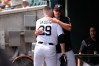 Detroit Tigers pitcher Tarik Skubal (29) hugs Jack Flaherty in the dugout during the seventh inning of a baseball game against the Baltimore Orioles Wednesday, July 29, 2026, in Detroit. (AP Photo/Paul Sancya)