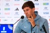 England's John Stones listens during a news conference ahead of their third-place World Cup soccer match against France, Friday, July 17, 2026, in Miami Gardens, Fla. (AP Photo/Lynne Sladky)