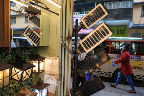Solar-powered street lights are displayed for sale in Nairobi, Kenya, Tuesday, July 16, 2026. (AP Photo/Andrew Kasuku)