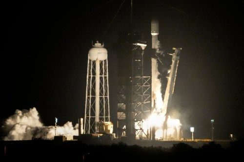 FILE - A SpaceX Falcon 9 rocket lifts off from pad 39A with a payload of a pair of lunar landers at the Kennedy Space Center in Cape Canaveral, Fla., Jan. 15, 2025. (AP Photo/John Raoux, File)