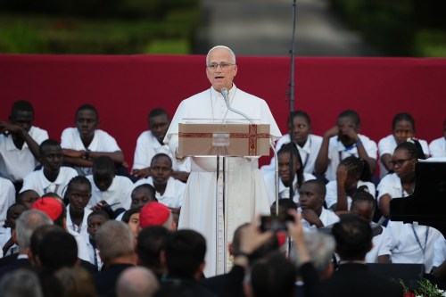Pope Leo XIV speaks as he attends the 