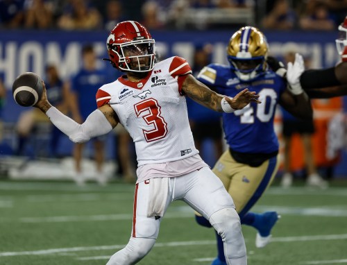 Calgary Stampeders quarterback Vernon Adams Jr. (3) throws against the Winnipeg Blue Bombers during second half CFL football action in Winnipeg on Friday, July 24, 2026. THE CANADIAN PRESS/John Woods