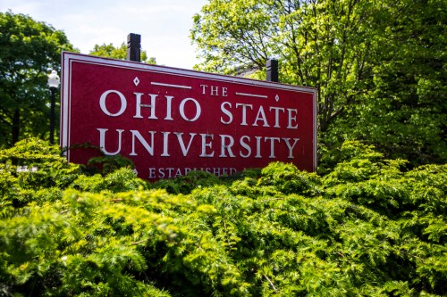 FILE - A sign for Ohio State University is seen on May 8, 2019, in Columbus, Ohio. (AP Photo/Angie Wang, File)