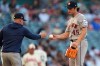 Houston Astros starting pitcher Tatsuya Imai (45) is removed by manager Joe Espada, left, during the first inning of a baseball game against the Los Angeles Angels, Monday, July 27, 2026, in Anaheim, Calif. (AP Photo/Scott Strazzante)