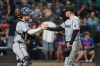 Miami Marlins pitcher Pete Fairbanks, right, celebrates with catcher Joe Mack after a baseball game against the New York Mets Friday, July 31, 2026, in New York. (AP Photo/Frank Franklin II)