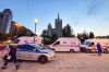 Emergency vehicles are parked in an area near a deadly explosion at a restaurant in Moscow, Saturday, Aug. 1, 2026. (Sergei Vedyashkin/Moscow News Agency via AP)