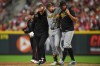 Pittsburgh Pirates' Ryan O'Hearn (29) is helped off the field after an injury during the ninth inning of a baseball game against the Cincinnati Reds, Friday, July 31, 2026, in Cincinnati. (AP Photo/Tanner Pearson)