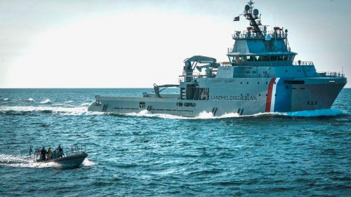 This July 30, 2026 photo made available by the Captain Paul Watson Foundation shows an Icelandic Coast Guard vessel taken from the protest vessel Bandero. (Captain Paul Watson Foundation via AP)