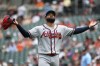 Atlanta Braves pitcher Reynaldo Lopez celebrates during the first inning of a baseball game against the Baltimore Orioles, Sunday, July 26, 2026, in Baltimore. (AP Photo/Daniel Kucin Jr.)