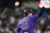 Colorado Rockies' Hunter Goodman gestures to the bullpen as he circles the bases after hitting a solo home run off Kansas City Royals relief pitcher Alex Lange in the seventh inning of a baseball game Saturday, Aug. 1, 2026, in Denver. (AP Photo/David Zalubowski)