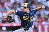 Milwaukee Brewers pitcher Robert Gasser delivers during the first inning of a baseball game against the Los Angeles Angels, Saturday, Aug. 1, 2026, in Anaheim, Calif. (AP Photo/William Liang)