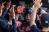 Detroit Tigers' Max Clark celebrates after hitting a two-run home run during the sixth inning of a baseball game against the Athletics Saturday, Aug. 1, 2026, in West Sacramento, Calif. (AP Photo/Sara Nevis)