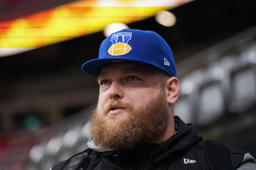 Winnipeg Blue Bombers' Chris Kolankowski talks to reporters ahead of the 111th CFL Grey Cup in Vancouver, on Friday, Nov. 15, 2024. The Toronto Argonauts acquired Kolankowski in a trade with the Hamilton Tiger-Cats on Aug. 3, 2026. THE CANADIAN PRESS/Darryl Dyck