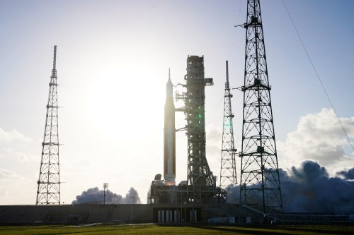 The NASA Artemis II SLS (Space Launch System) rocket with the Orion spacecraft prepares to launch at the Kennedy Space Center, Wednesday, April 1, 2026, in Cape Canaveral, Fla. (AP Photo/Chris O'Meara)