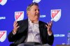 FILE - Los Angeles FC lead owner Larry Berg gestures during an interviewed at the Major League Soccer 25th Season kickoff event in New York, Feb. 26, 2020. (AP Photo/Richard Drew, File)