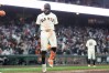San Francisco Giants' Heliot Ramos reacts after hitting a three-run home during the sixth inning of a baseball game against the Toronto Blue Jays Monday, July 6, 2026, in San Francisco. (AP Photo/Jeff Chiu)