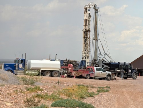 Construction crews drill wells for border wall construction in July 2026, in Luna County, N.M., along the US-Mexico border. (Russell Johnson via AP)