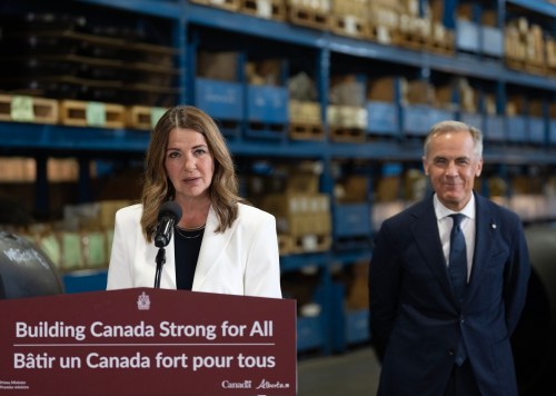 Prime Minister Mark Carney and Alberta Premier Danielle Smith announce a proposed pipeline from Alberta to the B.C. coast in Calgary on Thursday, July 02, 2026. THE CANADIAN PRESS/Todd Korol