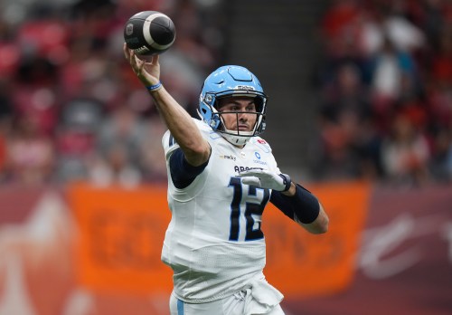 Toronto Argonauts quarterback Chad Kelly passes during the first half of a CFL football game against the B.C. Lions in Vancouver, on Saturday, July 25, 2025. THE CANADIAN PRESS/Darryl Dyck