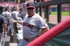 Cleveland Guardians manager Stephen Vogt stands in the dugout before the first baseball game of a doubleheader against the Cincinnati Reds, Tuesday, July 28, 2026, in Cincinnati. (AP Photo/Kareem Elgazzar)
