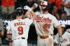 Baltimore Orioles' Tyler O'Neill (9) celebrates with Pete Alonso (25) after hitting a home run during the eighth inning of a baseball game against the Los Angeles Angels, Tuesday, Aug. 4, 2026, in Baltimore. (AP Photo/Stephanie Scarbrough)