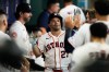 Houston Astros' Jose Altuve celebrates after hitting a home run during the third inning of a baseball game against the Toronto Blue Jays in Houston, Wednesday, Aug. 5, 2026. (AP Photo/Ashley Landis)