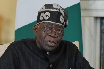 FILE -Nigerian President Bola Tinubu speaks to the media ahead of his meeting with Britain's Prime Minister Keir Starmer inside 10 Downing Street in London, Thursday, March 19, 2026. (AP Photo/Kin Cheung, Pool, File)