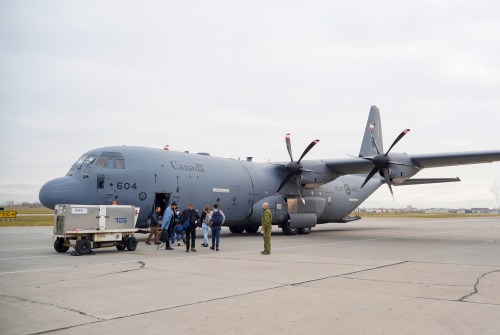 A Royal Canadian Air Force CC-130H Hercules is on the tarmac of Saskatoon John G. Diefenbaker Airport in Sask., Saturday, Sept. 30, 2023. THE CANADIAN PRESS/Heywood Yu
