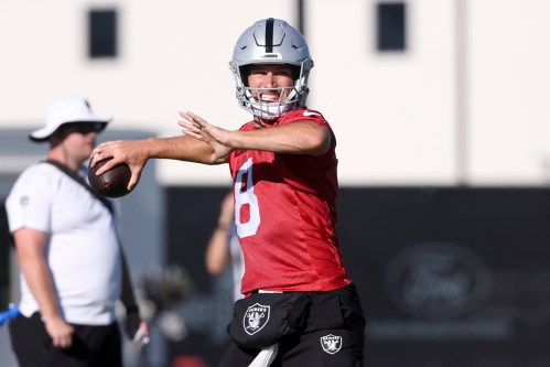 Las Vegas Raiders quarterback Kirk Cousins (8) throws a pass during practice at the team's NFL football training camp, Thursday, July 30, 2026, in Henderson, Nev. (AP Photo/Ian Maule)
