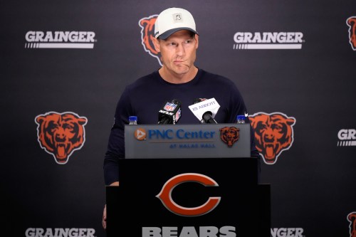 Chicago Bears head coach Ben Johnson talks to media at a news conference during practice at the team's NFL football training camp, Friday, July 31, 2026, in Lake Forest, Ill. (AP Photo/Nam Y. Huh)