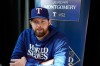 FILE - Texas Rangers pitcher Jordan Montgomery answers a question during a World Series baseball media day Oct. 26, 2023, in Arlington, Texas. (AP Photo/Tony Gutierrez, File)