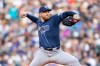 Tampa Bay Rays starting pitcher Drew Rasmussen delivers a pitch during the second inning of a baseball game against the Seattle Mariners, Friday, Aug. 7, 2026, in Seattle. (AP Photo/Stephen Brashear)