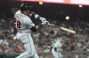 Detroit Tigers' Javier Báez breaks his bat while flying out during the sixth inning of a baseball game against the San Francisco Giants, Friday, Aug. 7, 2026, in San Francisco. (AP Photo/Jeff Chiu)