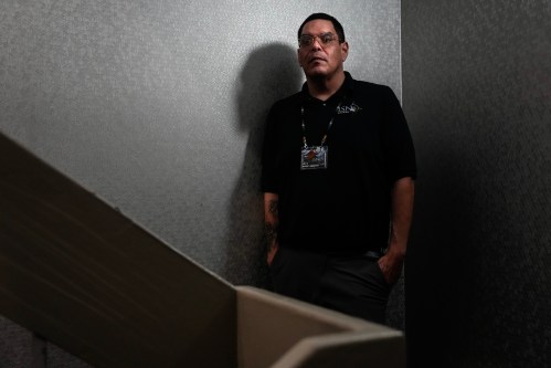 Joey Morningstar from ISN Maskwa is pictured on Thursday, July 23, 2026, at a Toronto hotel that serves as a temporary workspace as he tries to provide assistance to the many people evacuated from communities while wildfires ravage parts of northern Ontario. THE CANADIAN PRESS/Chris Young