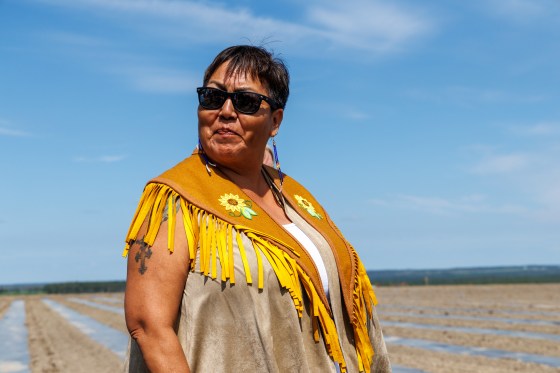 Chief Sherry Dominic of the Blueberry River First Nations during the unveiling of a new Indigenous-led commercial Native Plant Orchard on July 14. (Handout / Blueberry River First Nations / The Canadian Press)