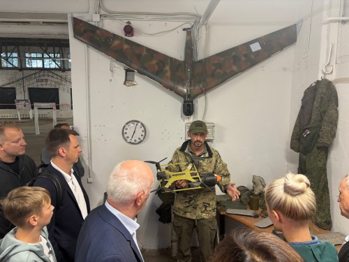 Viesturs Silenieks conducts a drone training session for businesspeople at the Drone House in Riga, Latvia, on August 20, 2026. THE CANADIAN PRESS/Stéphane Blais