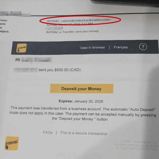 Email scams often end with fraudulent financial transactions. In this example, the claim that a business transfer disables autodeposit doesn’t pass the smell test — and the sender’s email address isn’t as one would expect. (Supplied)