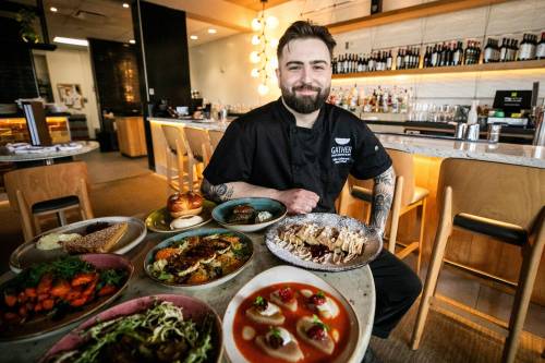 MIKAELA MACKENZIE / FREE PRESS 	 Chef Mike Licharson with dishes using ingredients sourced from Assiniboine Park and The Leaf biomes at the Gather restaurant on Wednesday, May 27, 2026. For AV story. Free Press 2026