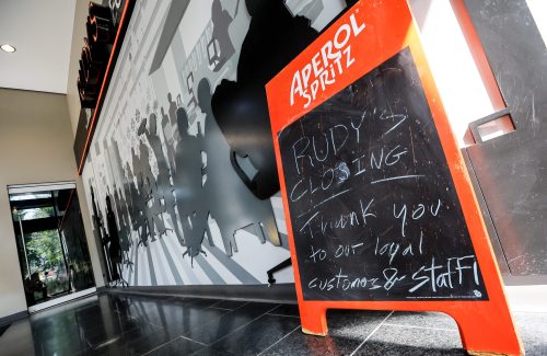 JOHN WOODS / FREE PRESS
A sign that says Rudy’s restaurant at the Manitoba Hydro building on Portage is closing sits outside the restaurant Monday, August 24, 2026. 

reporter: nicole