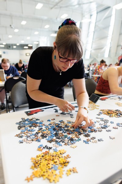 Kirsty Williams competes at the Canadian Jigsaw Puzzle Association's national competition in Halton Hills, Ont., in a May 2026 handout photo. THE CANADIAN PRESS/Handout - Cory Haslam (Mandatory Credit)