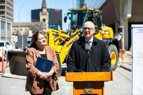 MIKAELA MACKENZIE / FREE PRESS
                                Mayor Scott Gillingham and Coun. Janice Lukes (Waverley West) announce this summer&rsquo;s road construction projects. Max Schreckenbach argues &lsquo;It is politically easy to make announcements or cut ribbons on new projects.&rsquo;