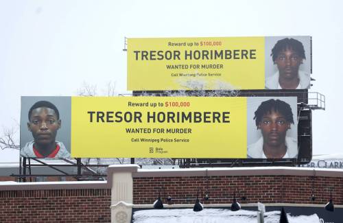 Ruth Bonneville / Free Press files
                                Tresor Horimbere has been arrested in B.C. and charged with first-degree murder. Billboards on Portage Avenue displayed photos of Horimbere, the fact he was wanted for murder and a request for tips.